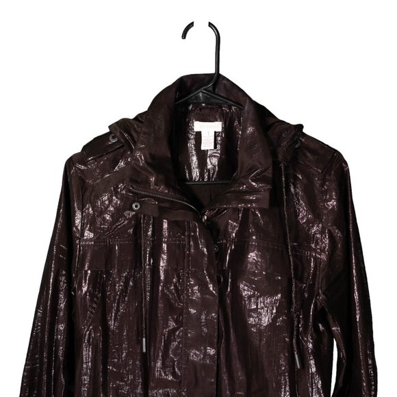 Chico's Women's Jacket Brown Waxed Full Zip Snap Button Hooded Bomber 1 US M/8 - Picture 6 of 12
